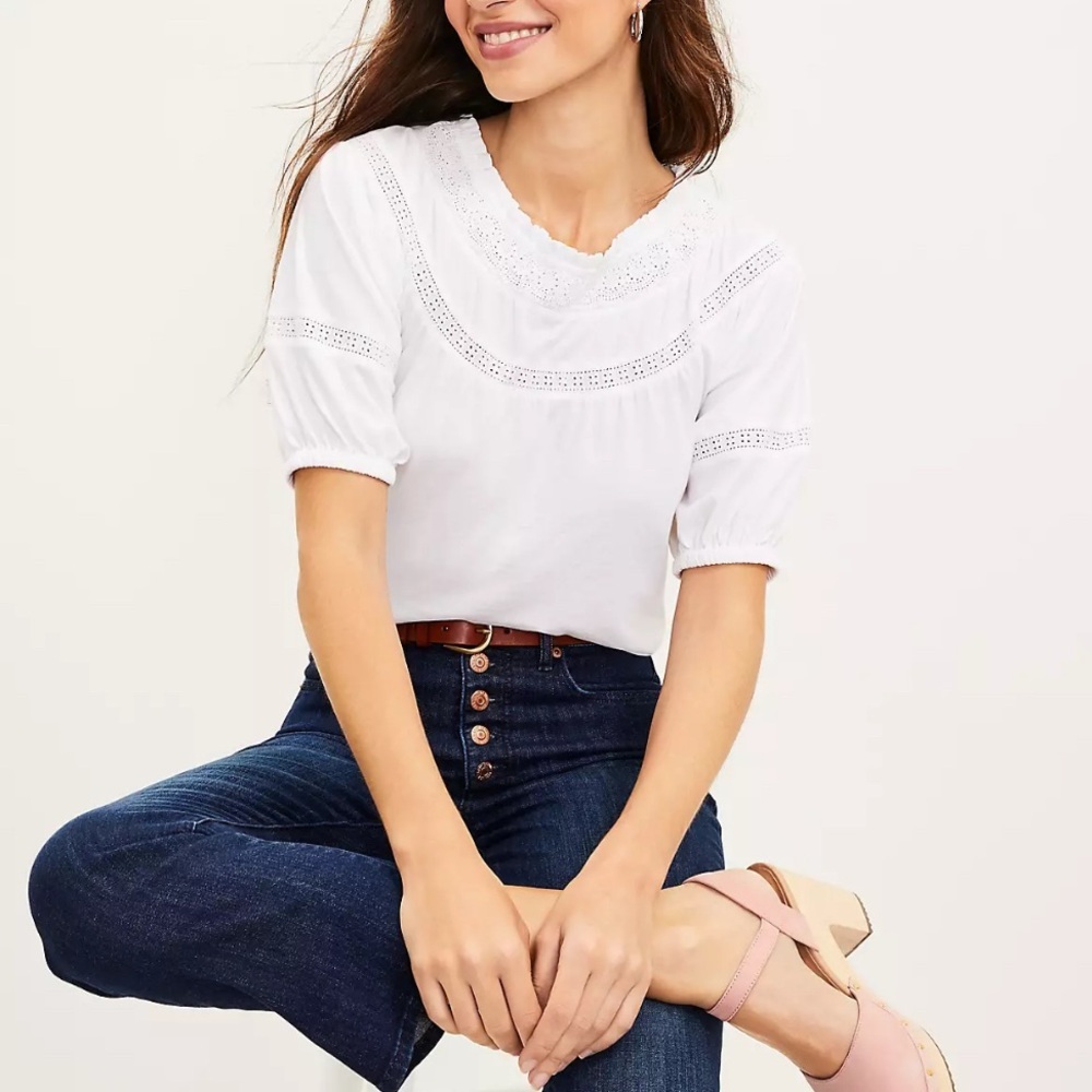 LOFT Petite White Lace Crochet Trim Peasant Top MP Boho‎ Chic Casual Everyday